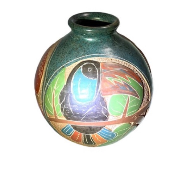 Vintage South American Carved Folk Art Clay Vase Pottery Monkey Toucan Turtle - Picture 2 of 7